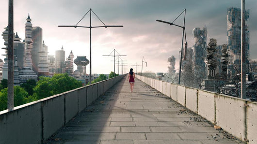 Apocalyptic concept background of futuristic and destroyed city Wall Mural