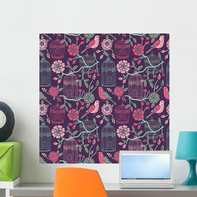 Birdcages Seamless Pattern Wall Decal shown on a wall