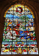 Stained glass window of St. James Cathedral, Seville, Spain 