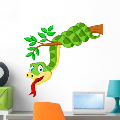 Cartoon Green Snake Branch Wall Decal shown on a wall
