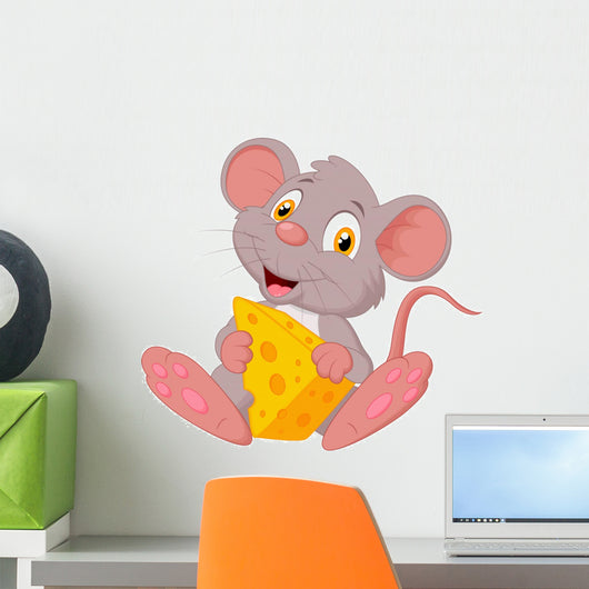 Cute mouse cartoon holding cheese Wall Decal