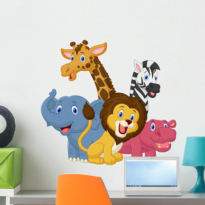 Happy Safari Animal Cartoon Wall Decal shown on a wall