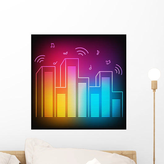 Music neon city with equalizer skyscrapers Wall Mural