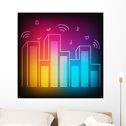 Music neon city with equalizer skyscrapers Wall Mural