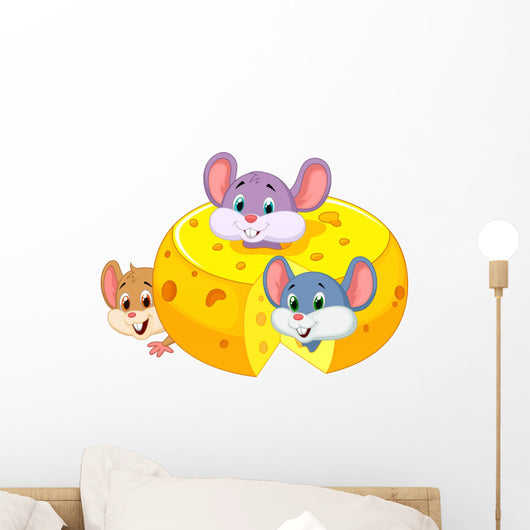 Cartoon mouse hiding inside cheddar cheese Wall Decal