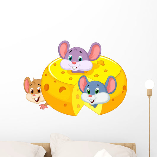 Cartoon mouse hiding inside cheddar cheese Wall Decal