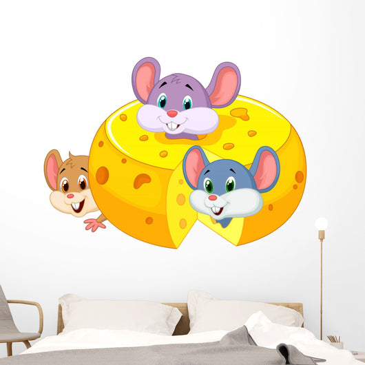 Cartoon mouse hiding inside cheddar cheese Wall Decal
