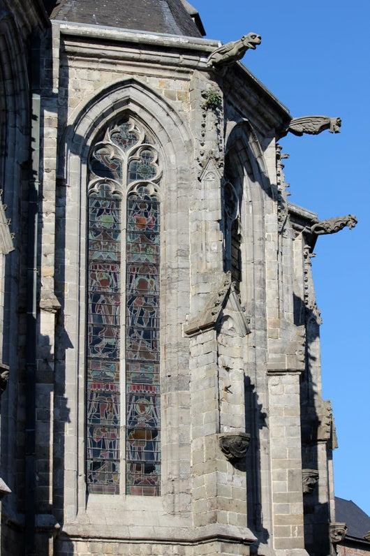 Gargoyles and stained-glass windows of the Cathedral of St. Waudru Mons 