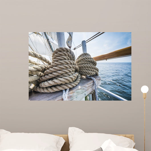 Wooden pulley and ropes on old yacht. 