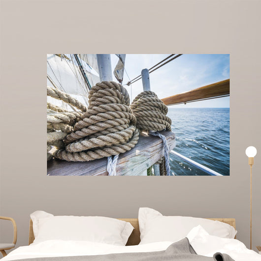Wooden pulley and ropes on old yacht. 