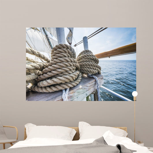 Wooden pulley and ropes on old yacht. 