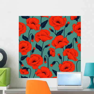Poppy Seamless Pattern Wall Decal shown on a wall