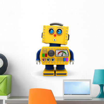 Cute Toy Robot Looking Wall Decal shown on a wall