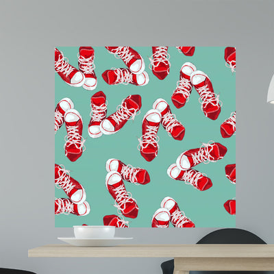 Red Sneakers Green Wall Decal shown on a wall