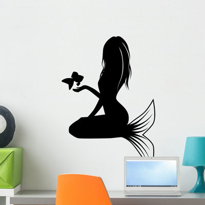 Mermaid with Fish Wall Decal shown on a wall