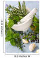 Mortar and pestle with fresh herbs, garlic and peppercorns. Wall Mural