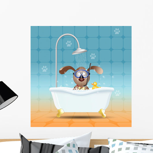Dog with diving mask in bathroom 