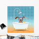 Dog with diving mask in bathroom 