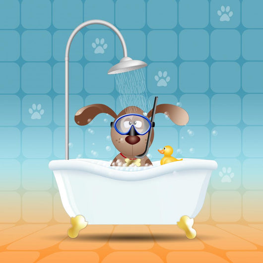 Dog with diving mask in bathroom 