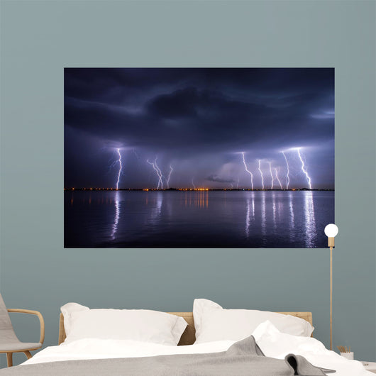 Thunderstorm and lightnings in night over a lake with reflaction 