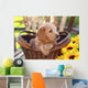 Adorable Poodle Mix Puppy Sitting in Basket with Sunflowers Wall Mural