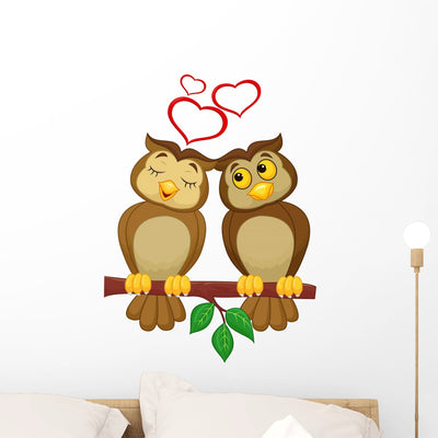 Cute Couple Cartoon Owl Wall Decal shown on a wall