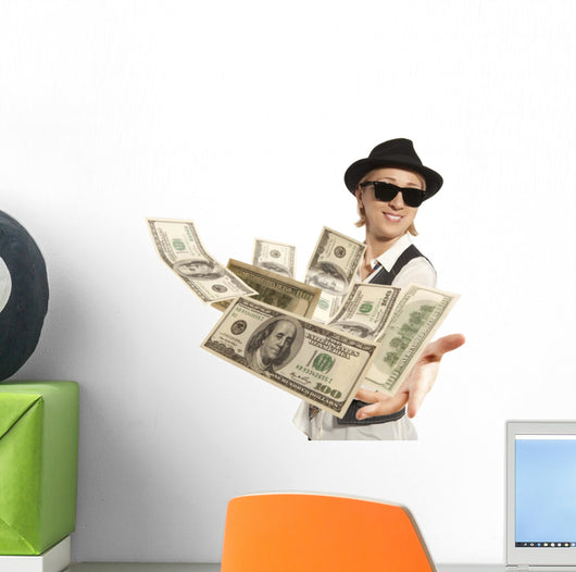 woman in cap throwing dollar Wall Decal
