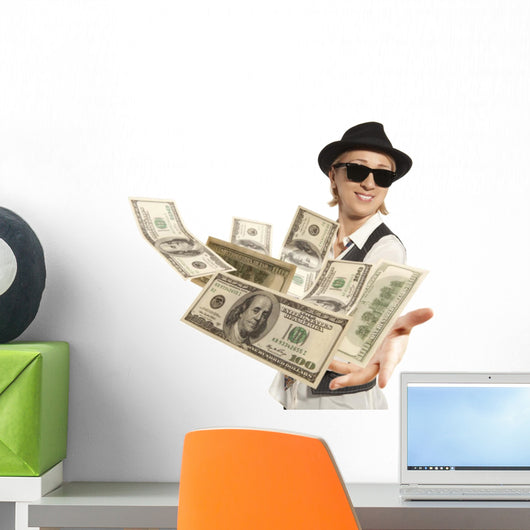 woman in cap throwing dollar Wall Decal