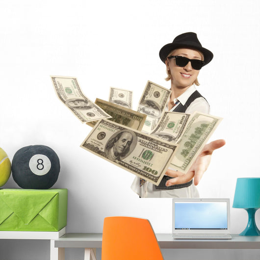 woman in cap throwing dollar Wall Decal