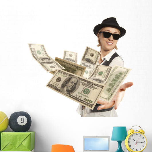 woman in cap throwing dollar Wall Decal