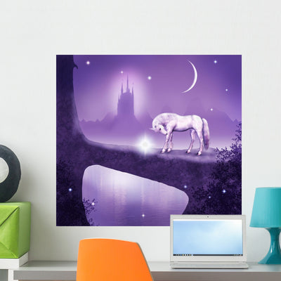 Purple Castle Unicorn Wall Mural shown on a wall