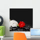 Red Flower with Leaf and Zen Stones on Wet Background Wall Mural