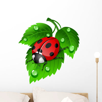 Ladybug Leaf Wall Decal shown on a wall