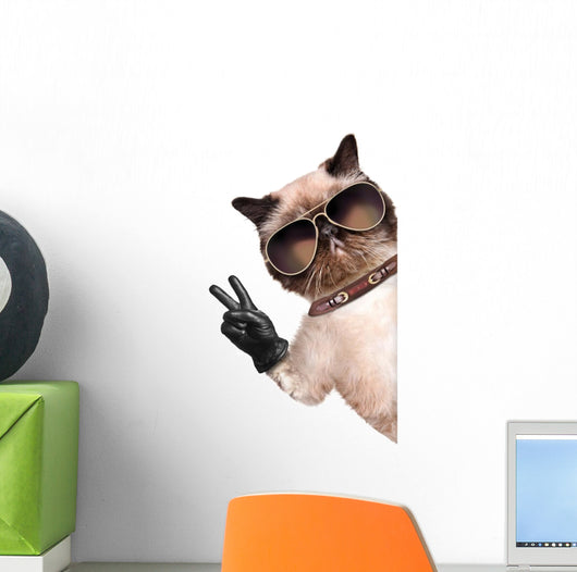 Cat with Peace Fingers in Black Leather Gloves Wall Decal