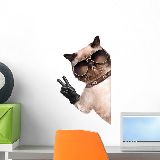 Cat with Peace Fingers in Black Leather Gloves Wall Decal