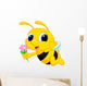 Cute Bee Cartoon Flying While Carrying Flowers Wall Decal