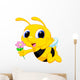 Cute Bee Cartoon Flying While Carrying Flowers Wall Decal