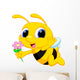Cute Bee Cartoon Flying While Carrying Flowers Wall Decal