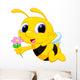 Cute Bee Cartoon Flying While Carrying Flowers Wall Decal
