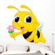 Cute Bee Cartoon Flying While Carrying Flowers Wall Decal