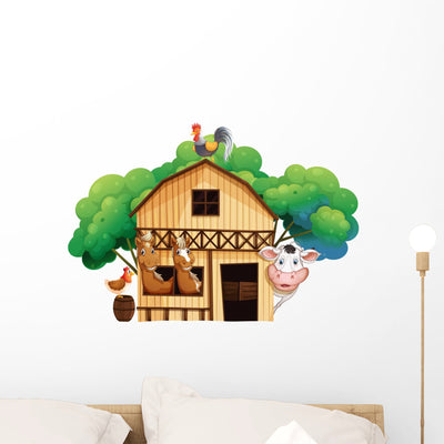 Farmhouse with Animals Wall Decal shown on a wall
