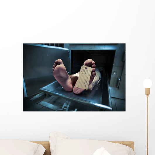 Feet on a morgue table with toe tag with dramatic lighting Wall Mural