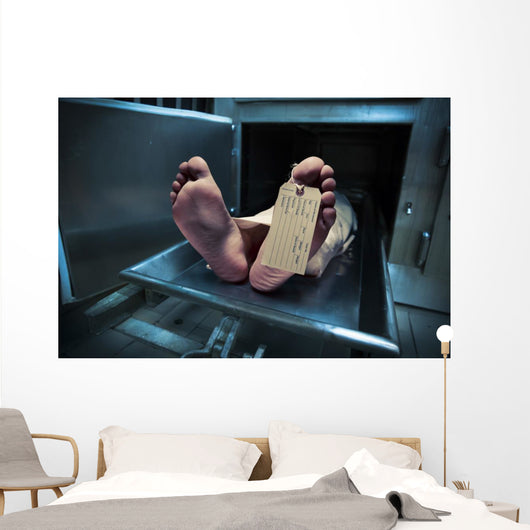 Feet on a morgue table with toe tag with dramatic lighting Wall Mural