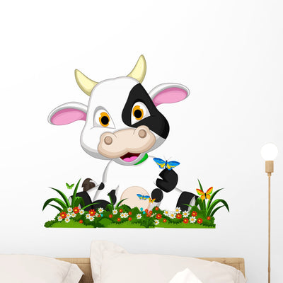 Cute Cow Cartoon Flower Wall Decal shown on a wall