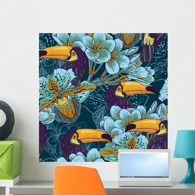 Seamless Tropical Toucan Pattern Wall Decal shown on a wall