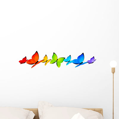 Rainbow Butterflies Wall Decal Panoramic shown on a wall