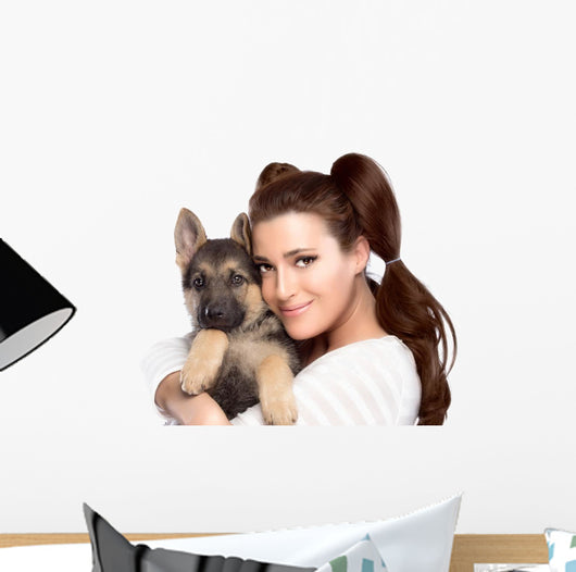 Cute Young Woman with a Puppy Dog Wall Decal