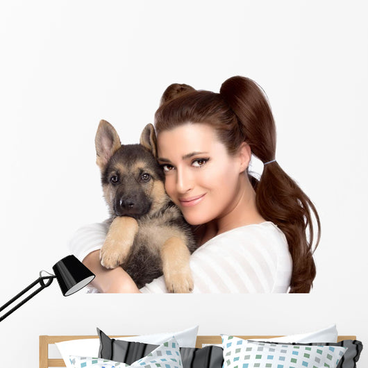 Cute Young Woman with a Puppy Dog Wall Decal