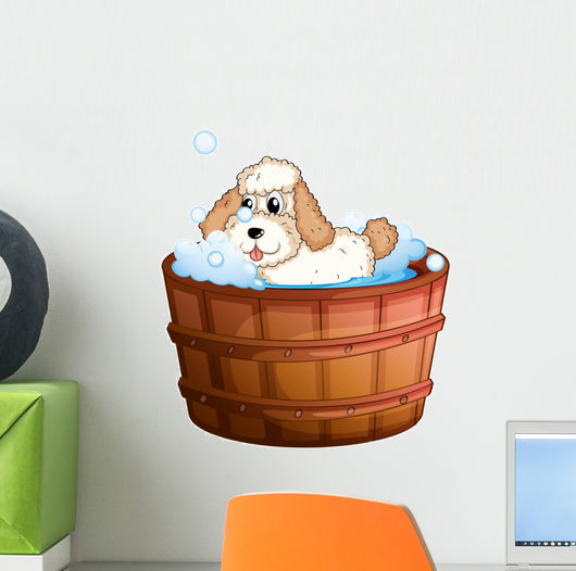 A brown bathtub with a dog taking a bath Wall Decal