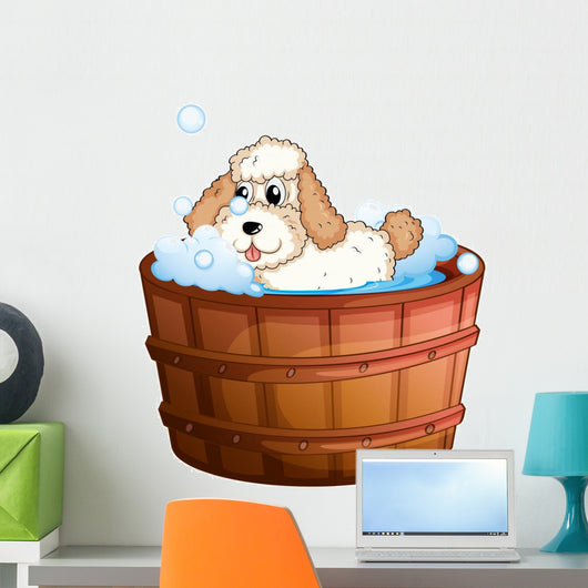 A brown bathtub with a dog taking a bath Wall Decal